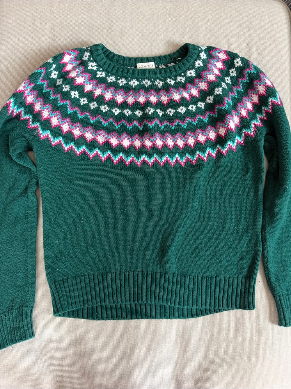 Girls Crewcuts Green Fair Isle Crewneck Sweater, size medium (8-9).